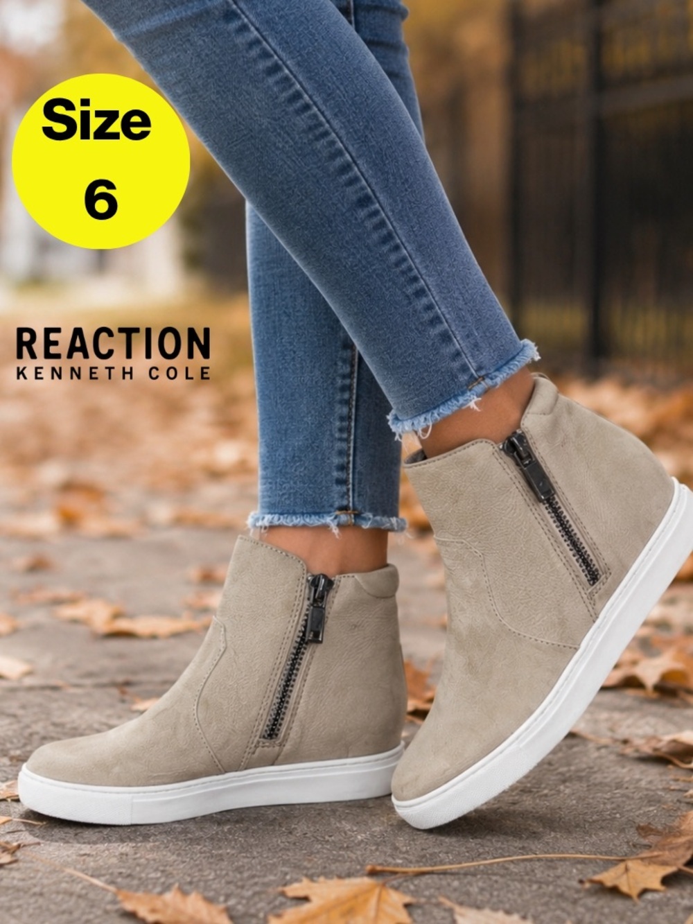 KENNETH COLE 🤍 Leather Beige Wedge Zipper Sneakers (Women’s Size 6)
